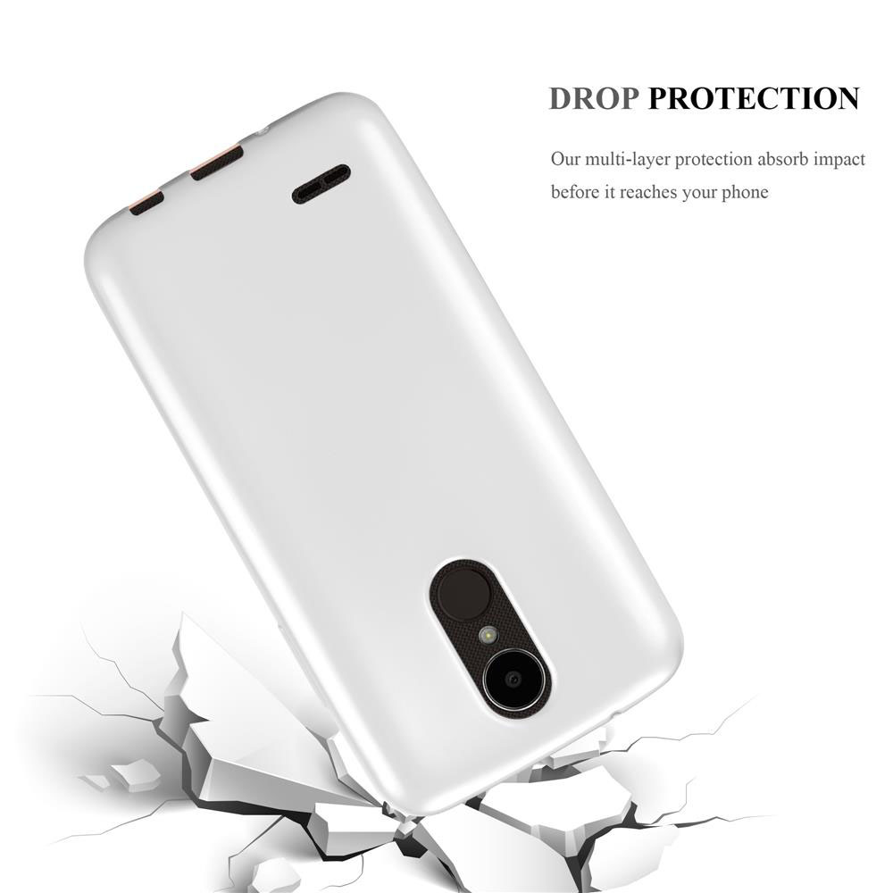 Funda blanca, efecto suelo agrietado, texto de protección contra caídas.