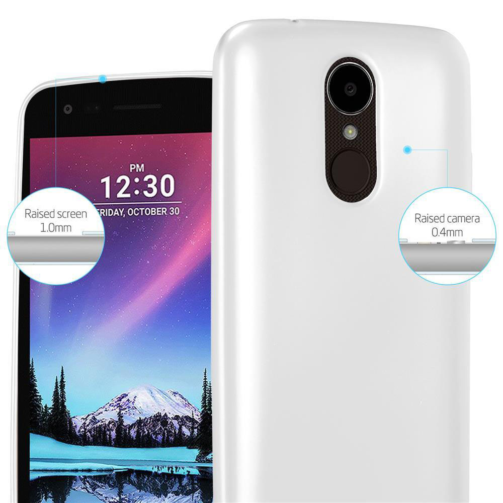 Teléfono y funda blancos. La pantalla del teléfono muestra la interfaz. Las áreas elevadas de la pantalla y la cámara están marcadas.