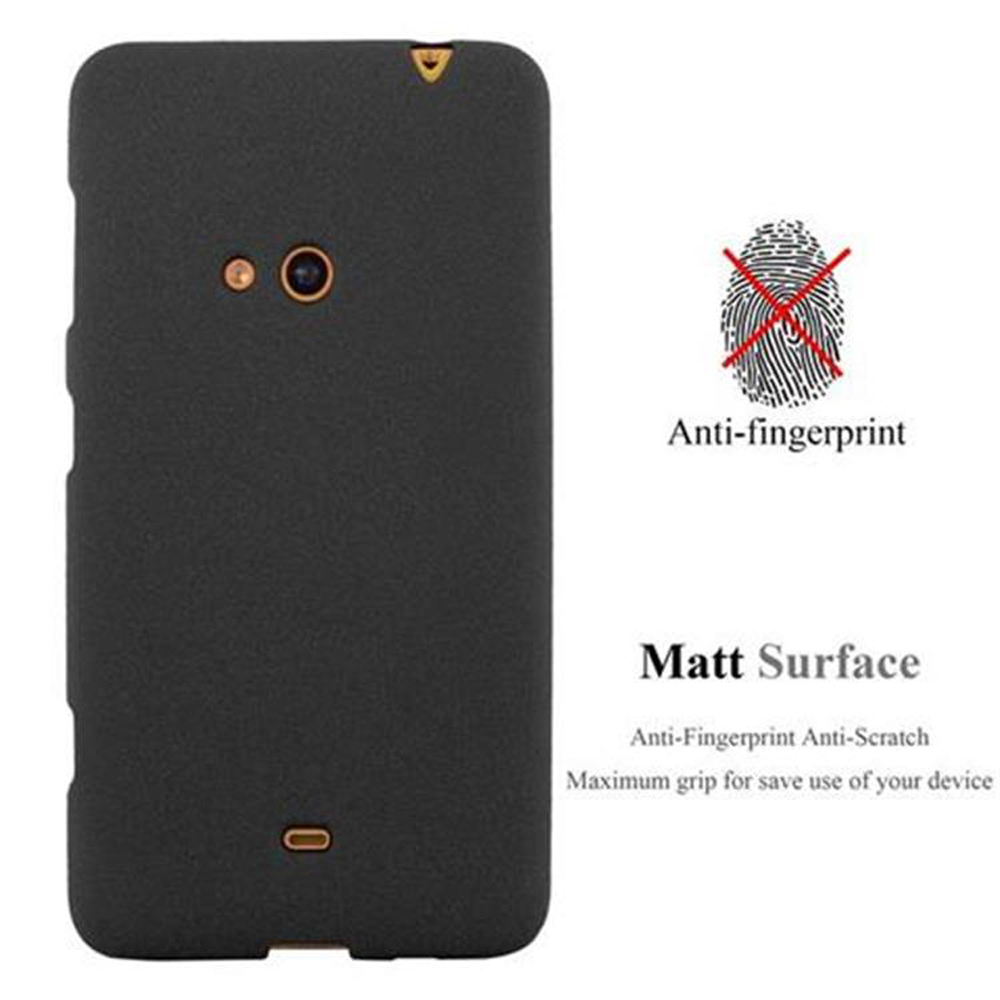 Funda de teléfono negra, parte trasera. Texto: Anti-huellas, Superficie mate. Anti-arañazos y agarre máximo.