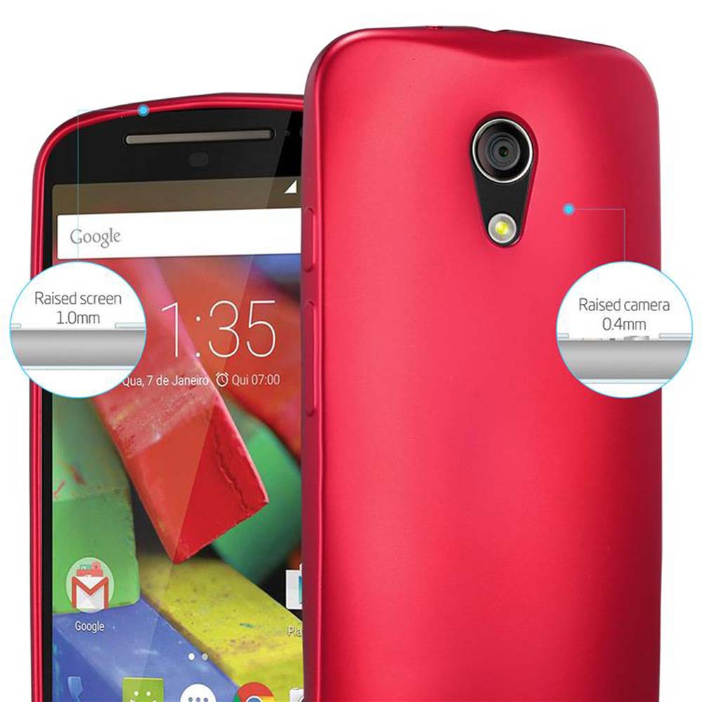 Funda de teléfono roja con teléfono. Protección de pantalla y cámara elevada. Se muestra la pantalla de Google.