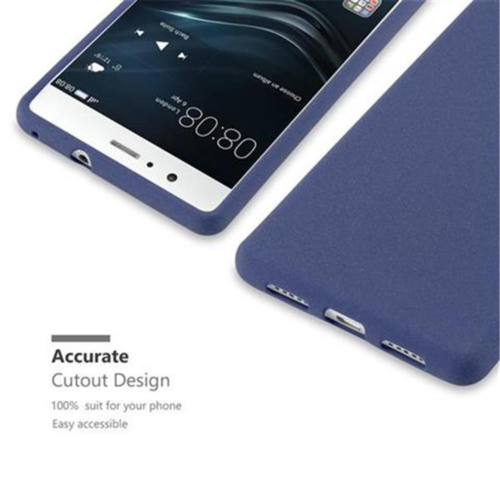 Primer plano de una funda azul con un teléfono dentro. Texto: Diseño de recorte preciso.