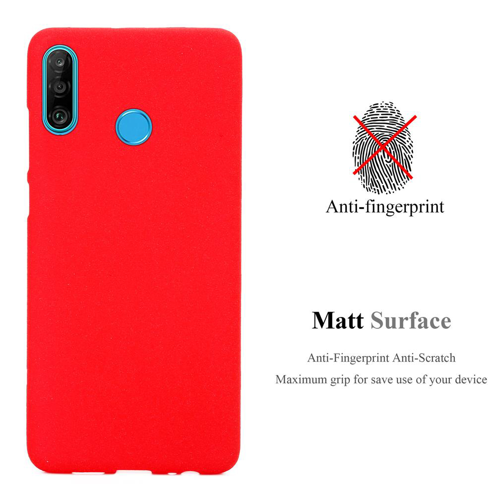Eine rote Handyhülle mit einem roten Telefon. Text: Anti-Fingerabdruck. Der Hintergrund ist weiß.