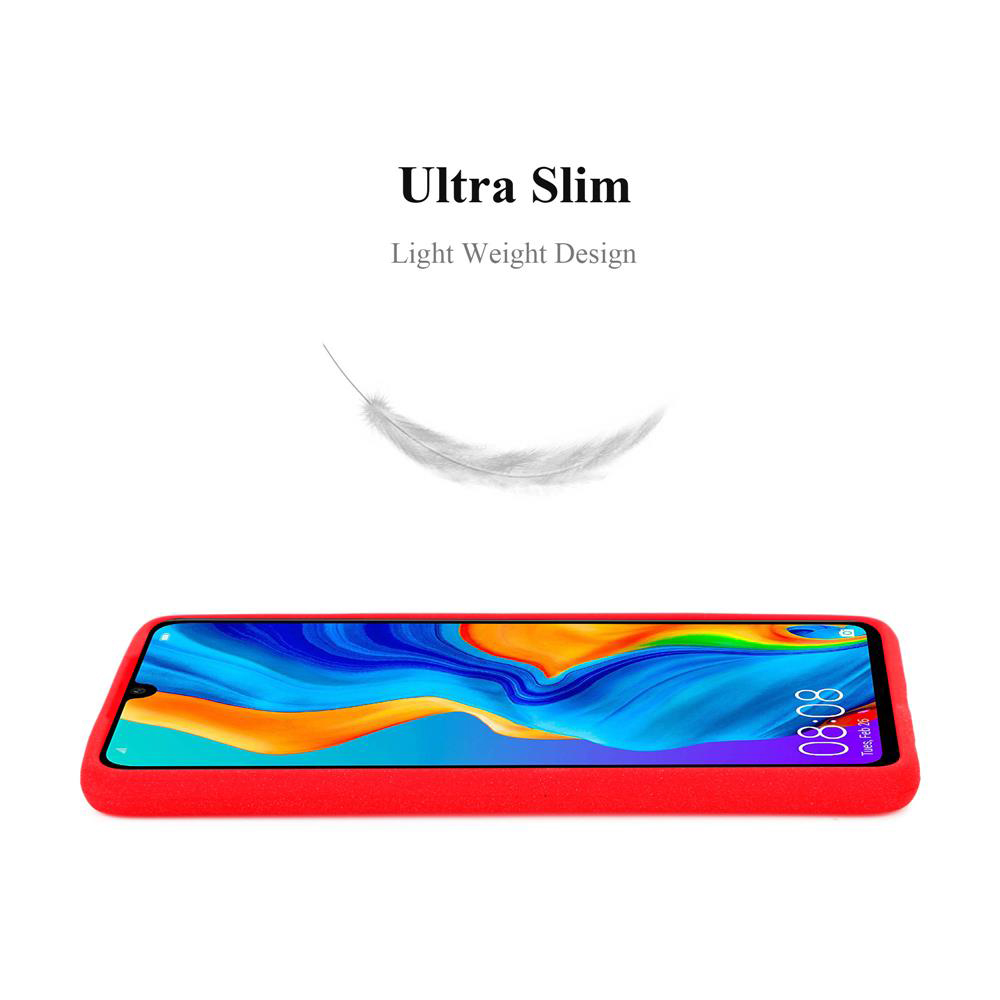 Rote Handyhülle mit Handy, Bildschirm sichtbar, weiße Feder darüber, Text Ultra Slim.