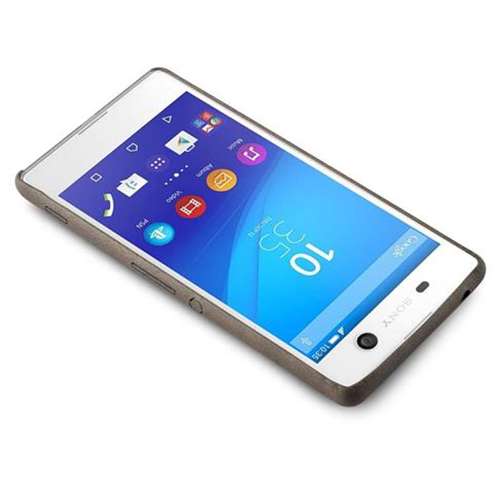Smartphone blanco con pantalla azul, mostrando iconos. El marco es marrón.