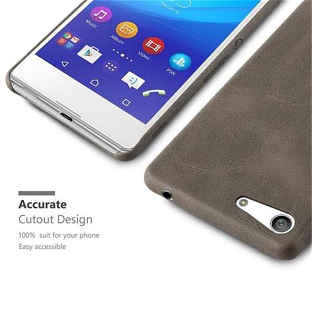 Teléfono y funda. El teléfono muestra iconos. La funda es marrón. Texto: Diseño de corte preciso.