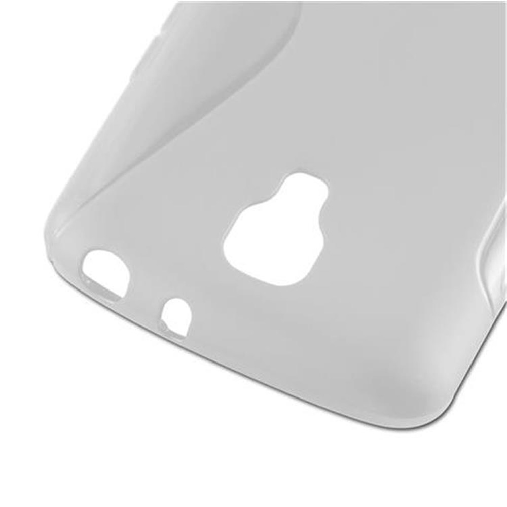 Une coque de téléphone blanche avec des découpes pour l'appareil photo et d'autres fonctions.