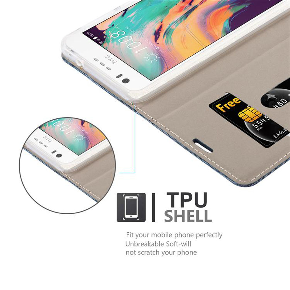 Telefono bianco in una custodia. La custodia ha uno slot per carte di credito con una carta gratuita.