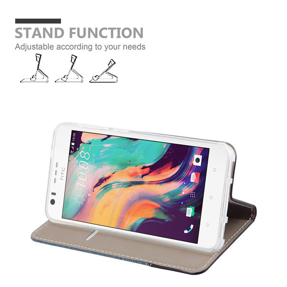Telefono in una custodia, colore grigio e blu. Icone della funzione stand in alto.