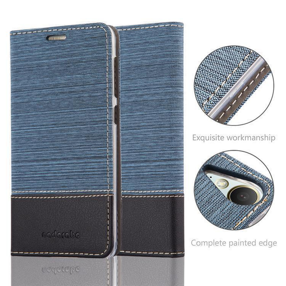 Custodia per telefono blu e nera con design strutturato.