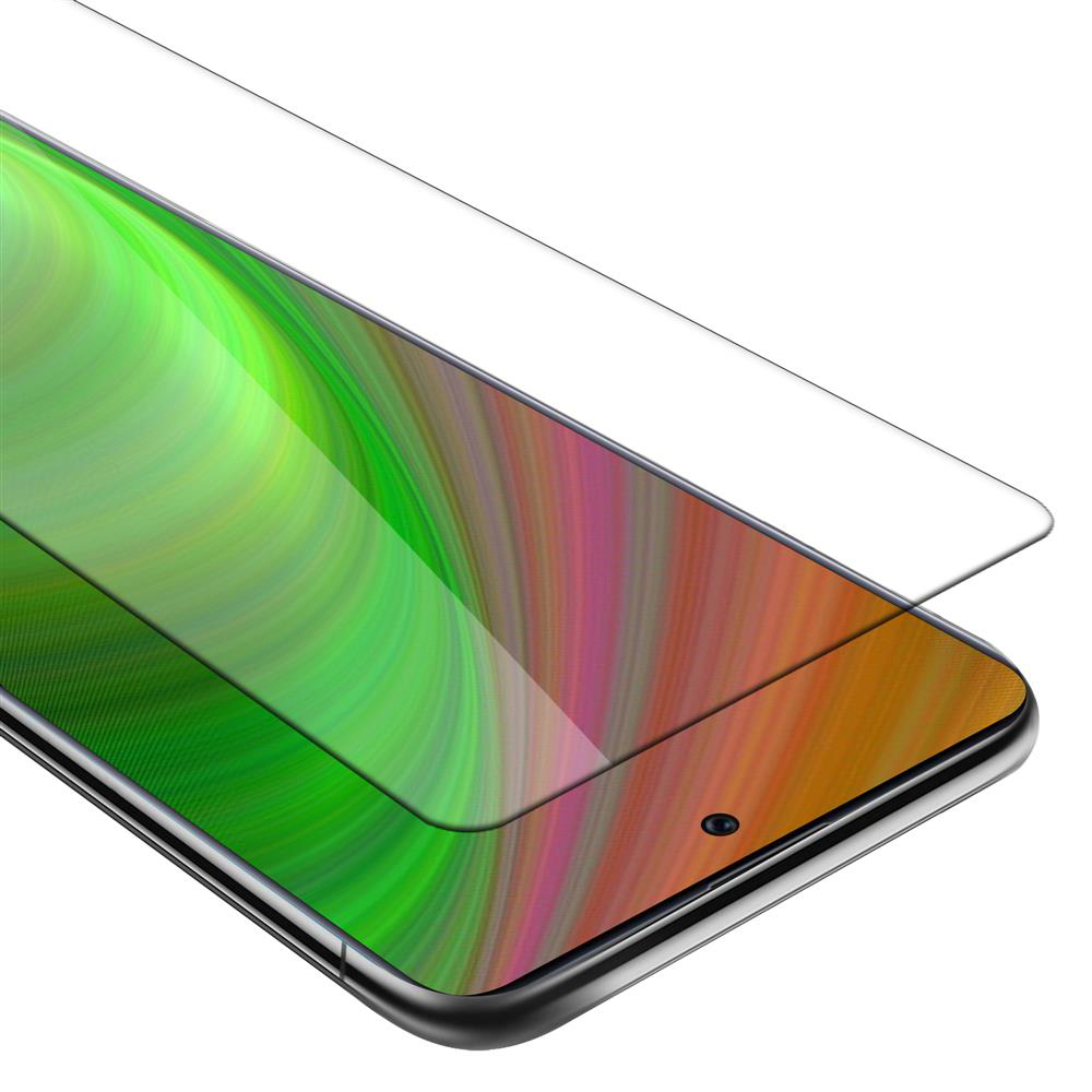 Telefono con protezione per lo schermo. Lo schermo mostra colori verdi, gialli e arancioni e un bordo nero.