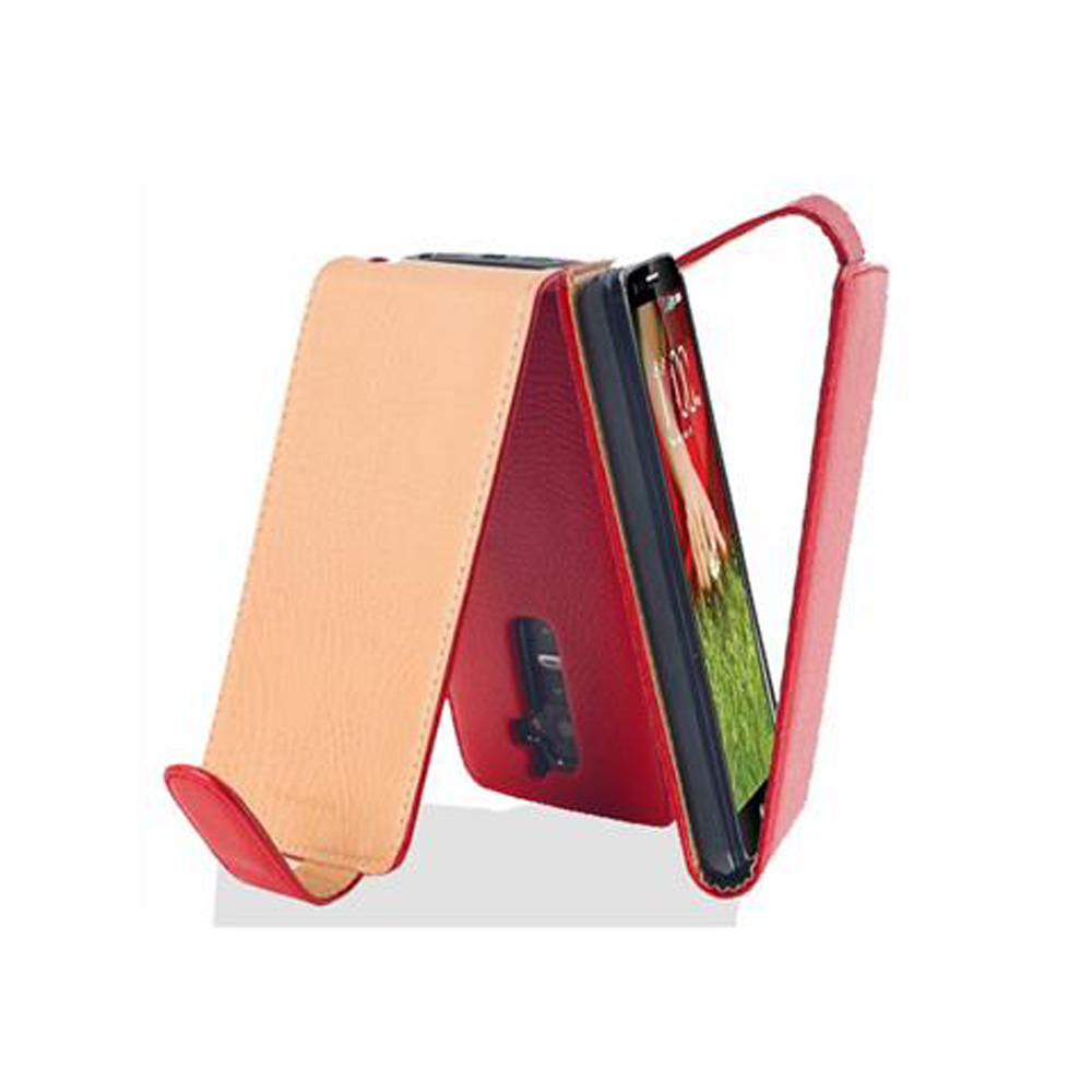 Funda de teléfono beige y roja en posición abierta. El teléfono muestra una pantalla. Fondo blanco.