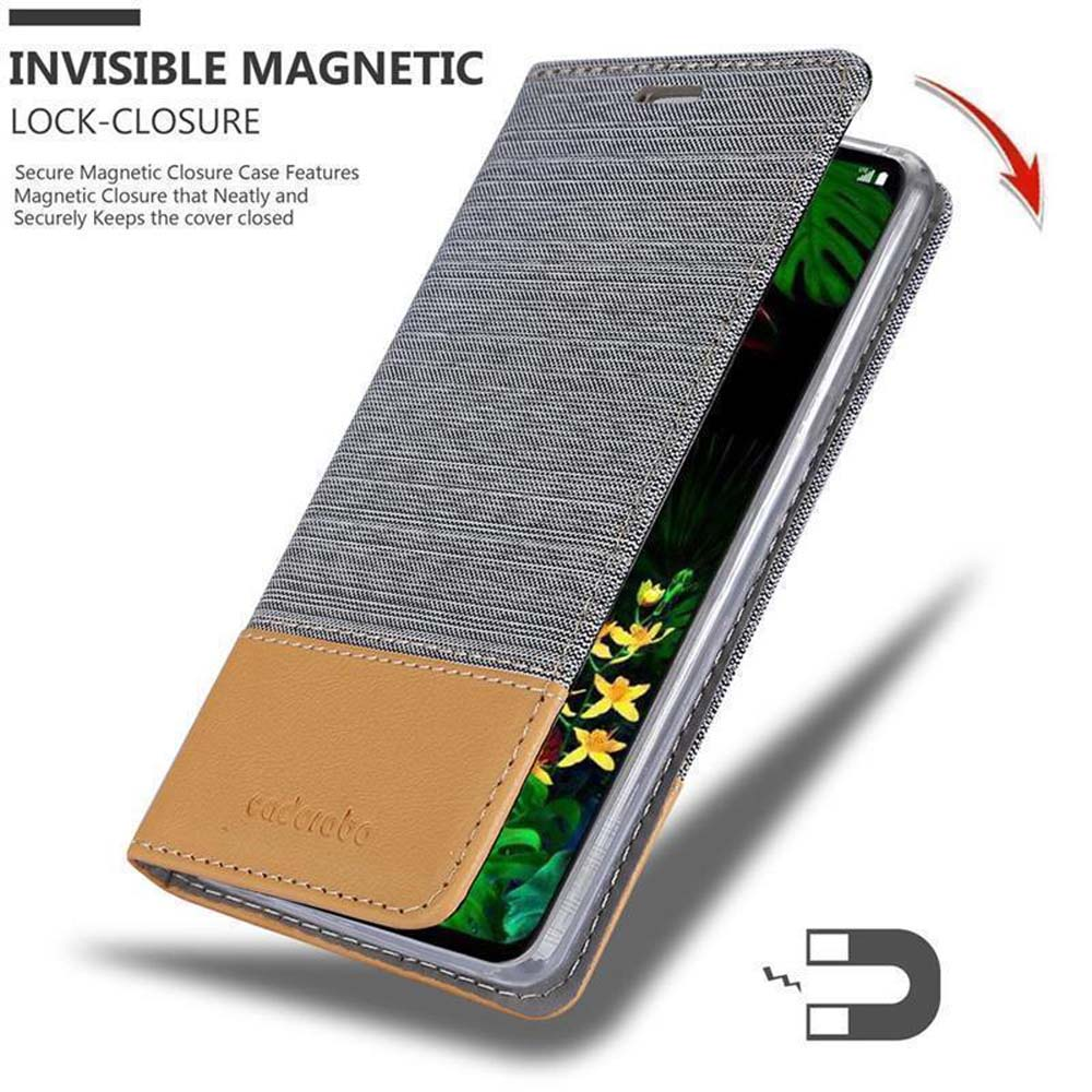 Telefon in grauer Hülle, offen. Die Hülle ist unten braun. Weißer Hintergrund mit Magnetsymbol.