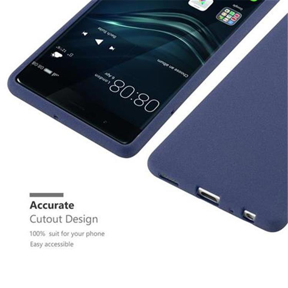 Blaue Handyhülle mit Handy. Das Handy zeigt den Bildschirm an. Text unten: 'Accurate Cutout Design'.