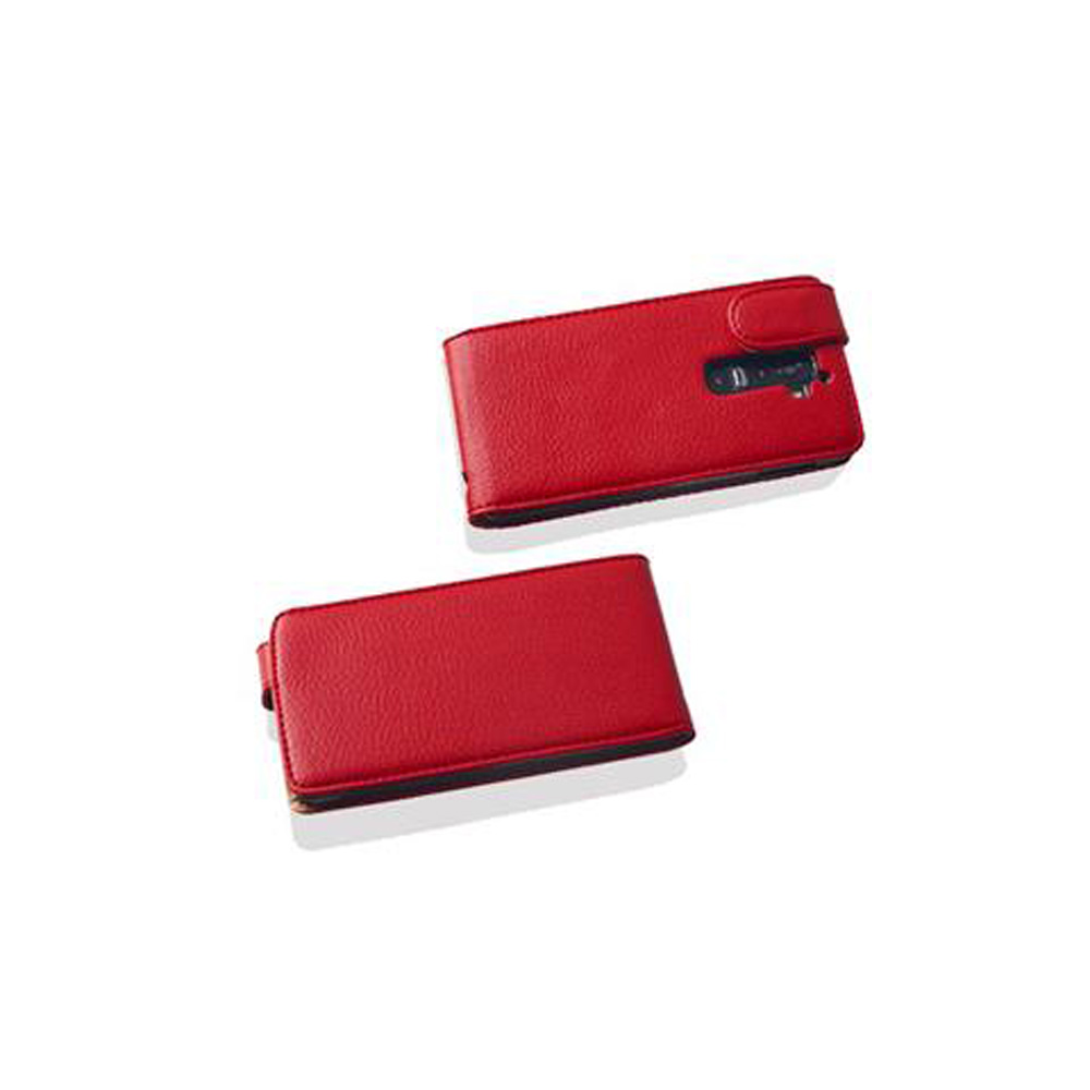 Dos fundas rojas cerradas para teléfono. Ambas fundas están anguladas hacia la cámara.