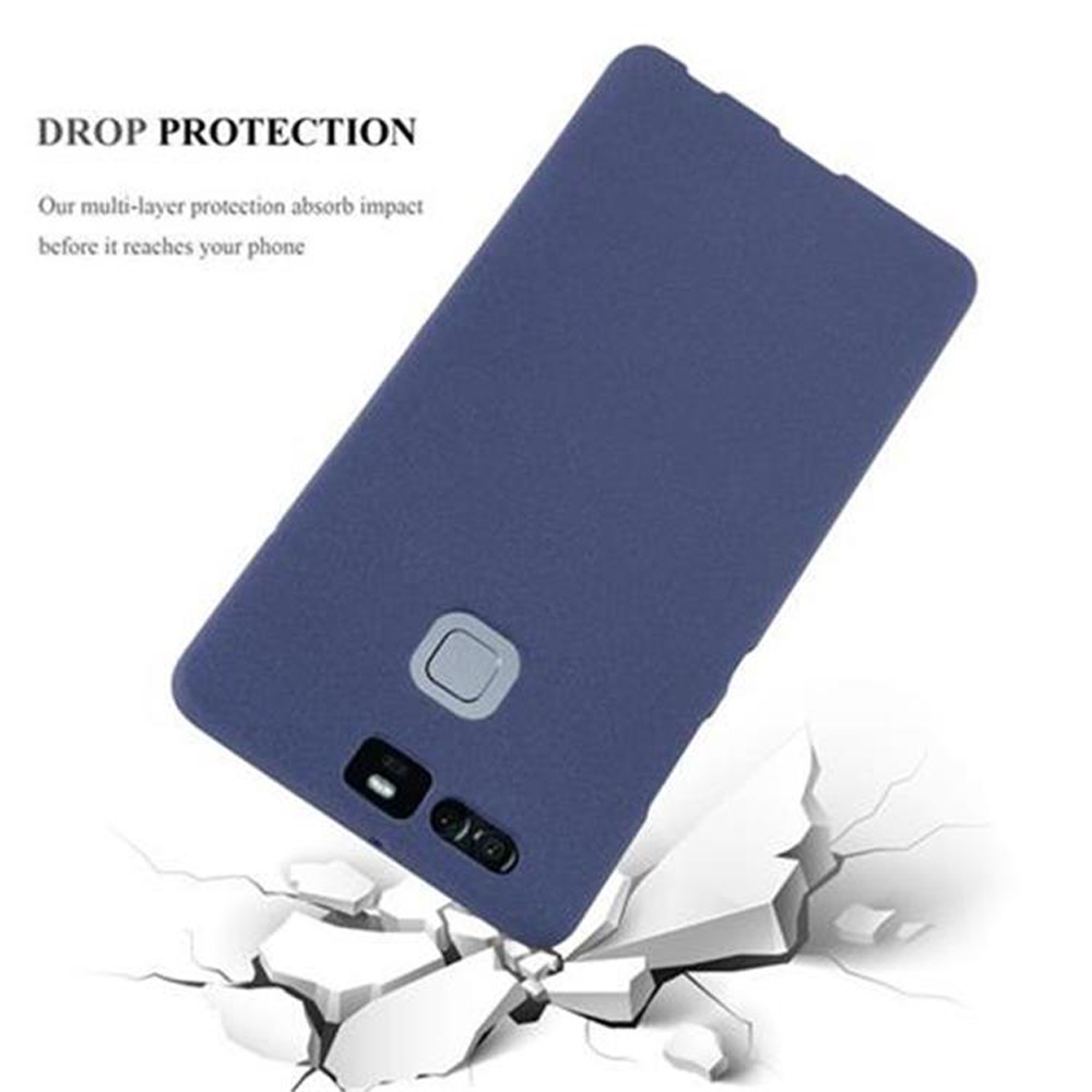 Blaue Handyhülle mit Telefon und Glassplittern. Text: "DROP PROTECTION".