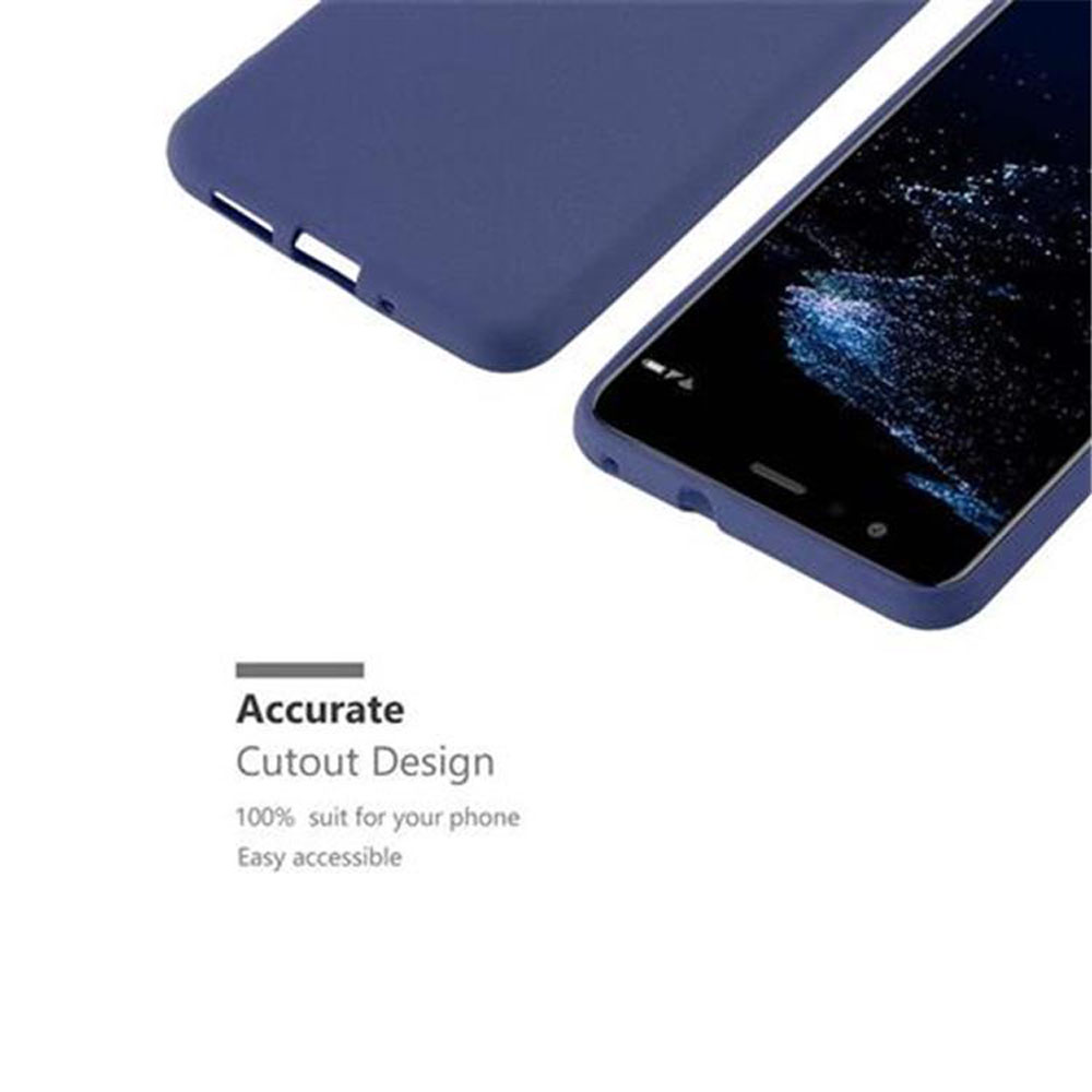 Custodia blu e telefono. La custodia ha ritagli. Il testo dice design con ritaglio preciso.