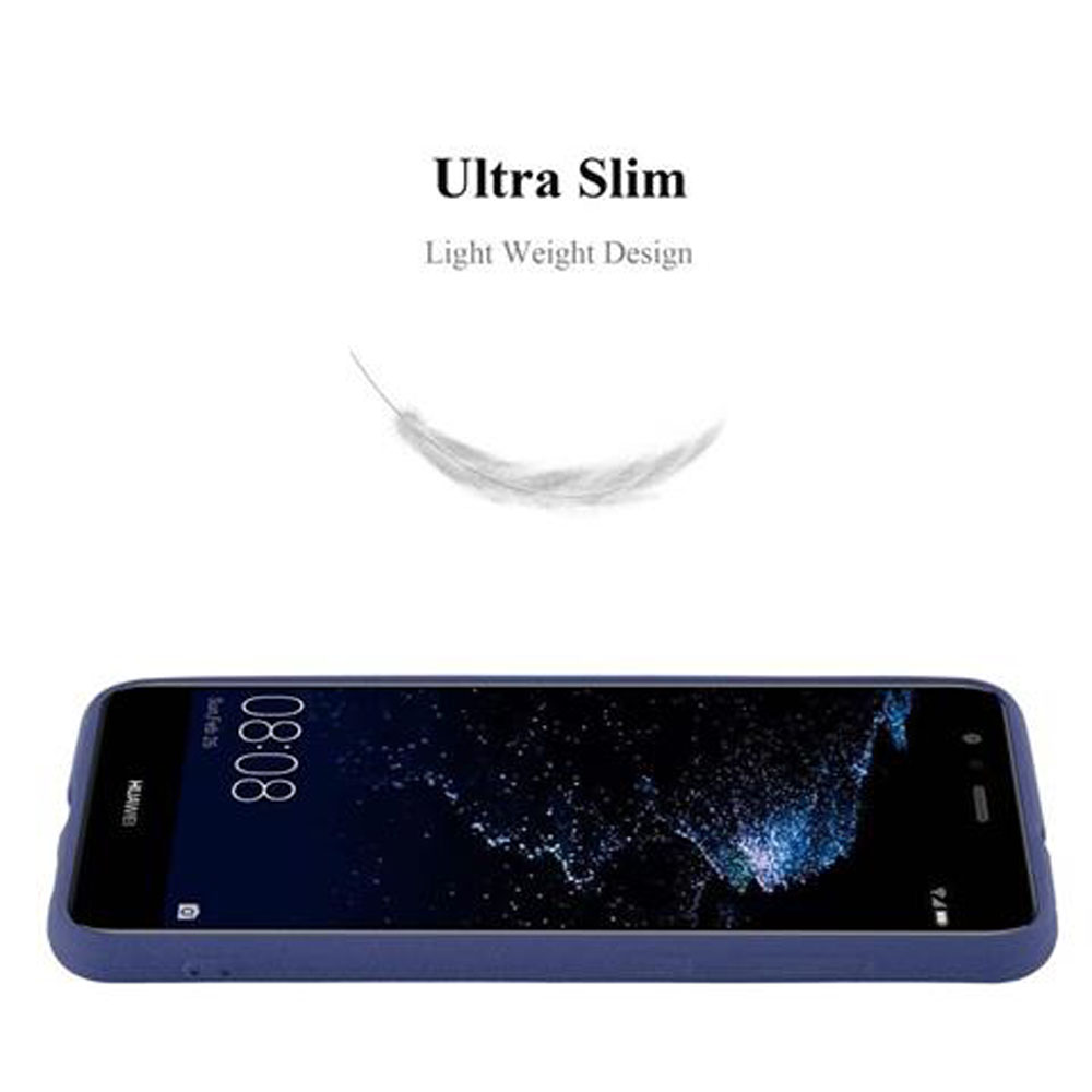 Custodia blu per telefono su sfondo bianco, telefono mostra l'ora. Testo 'Ultra Slim' sopra, piuma.