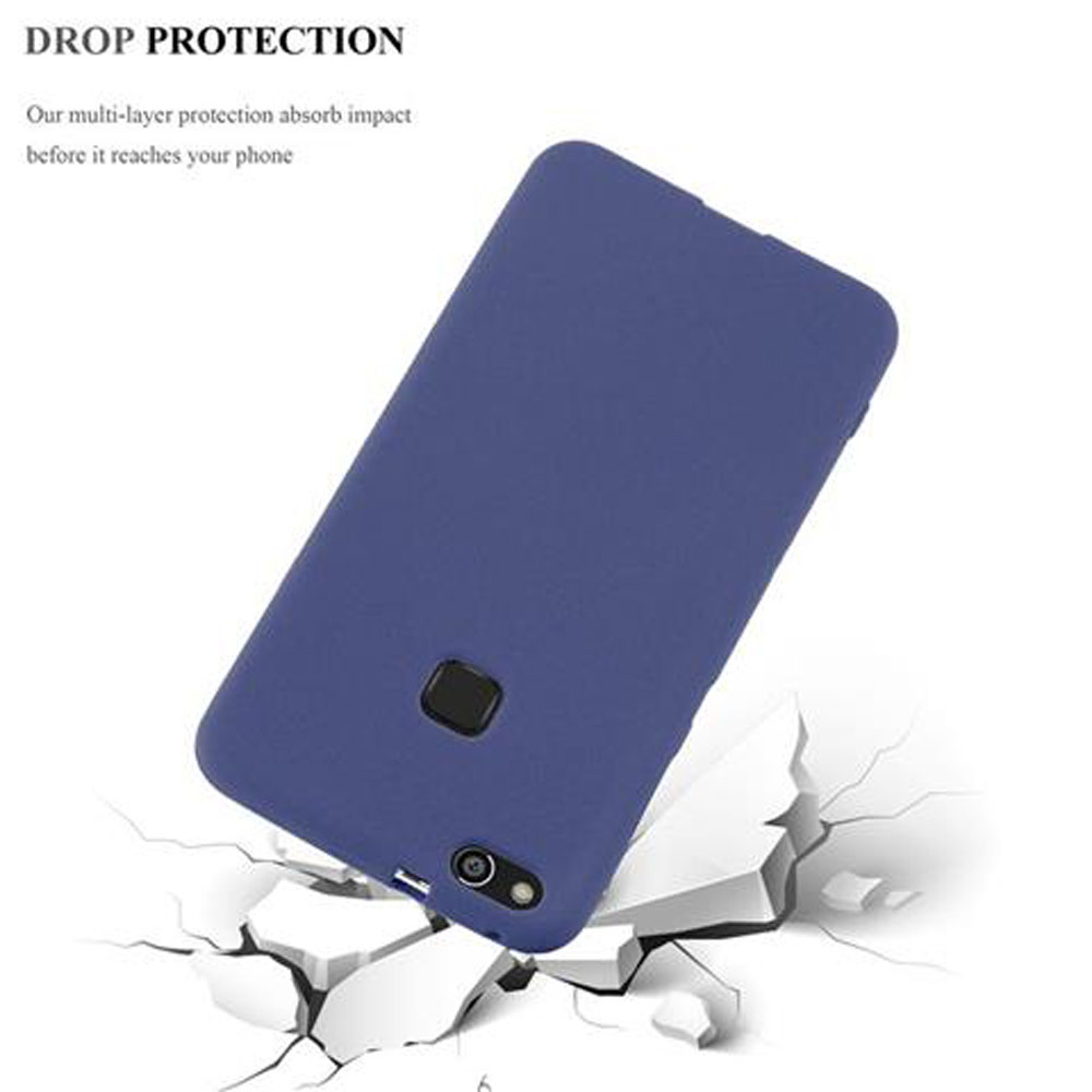Una custodia per telefono blu con un telefono all'interno. La custodia è su una superficie incrinata, che illustra la protezione dalle cadute.