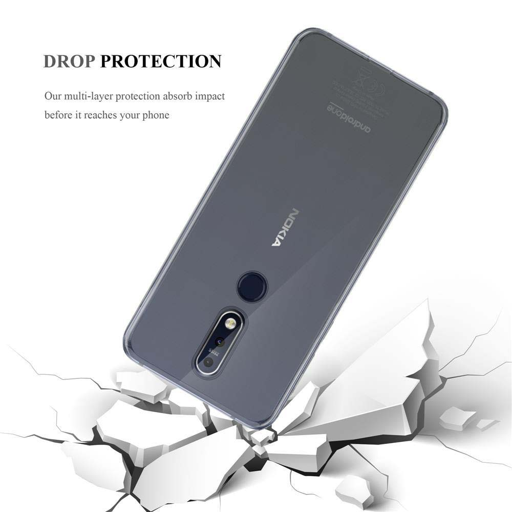 Custodia trasparente su un telefono Nokia, terreno crepato in basso. Testo: Protezione dalle cadute.