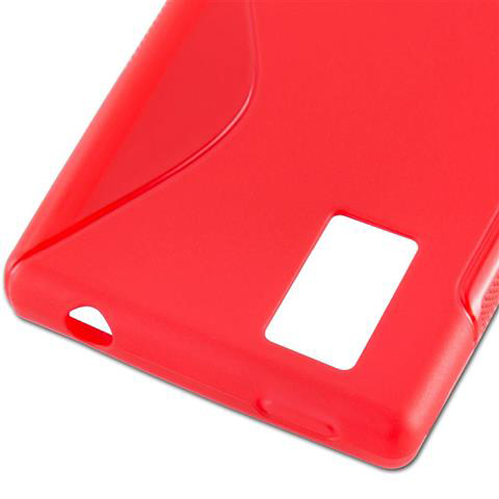 Custodia rossa per telefono. La custodia ha un foro per la fotocamera e un altoparlante. La custodia è liscia.