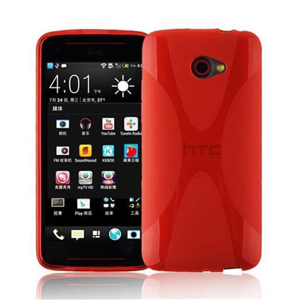 Rotes Telefon und rotes Case. Telefonbildschirm zeigt App-Symbole und Uhrzeit. Zwei Ansichten. Telefon ist schwarz.