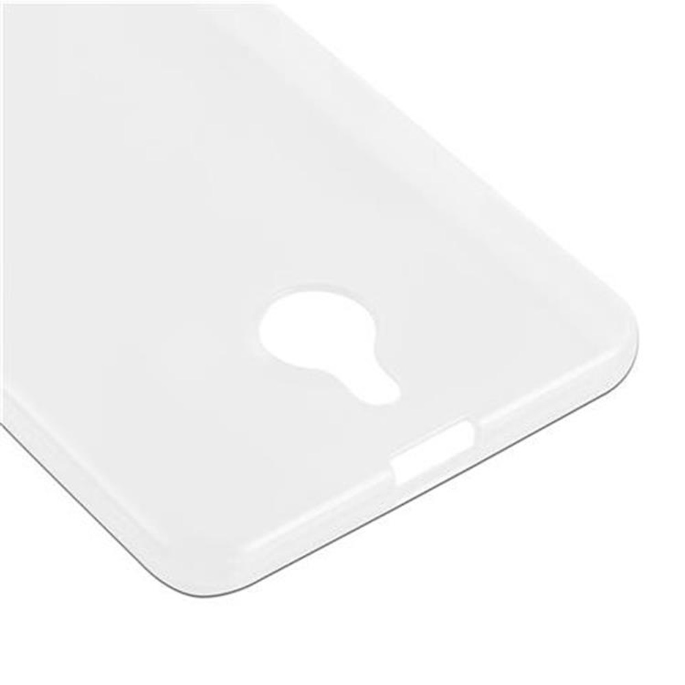 Custodia bianca per telefono con foro per fotocamera, angolata. Sfondo bianco.