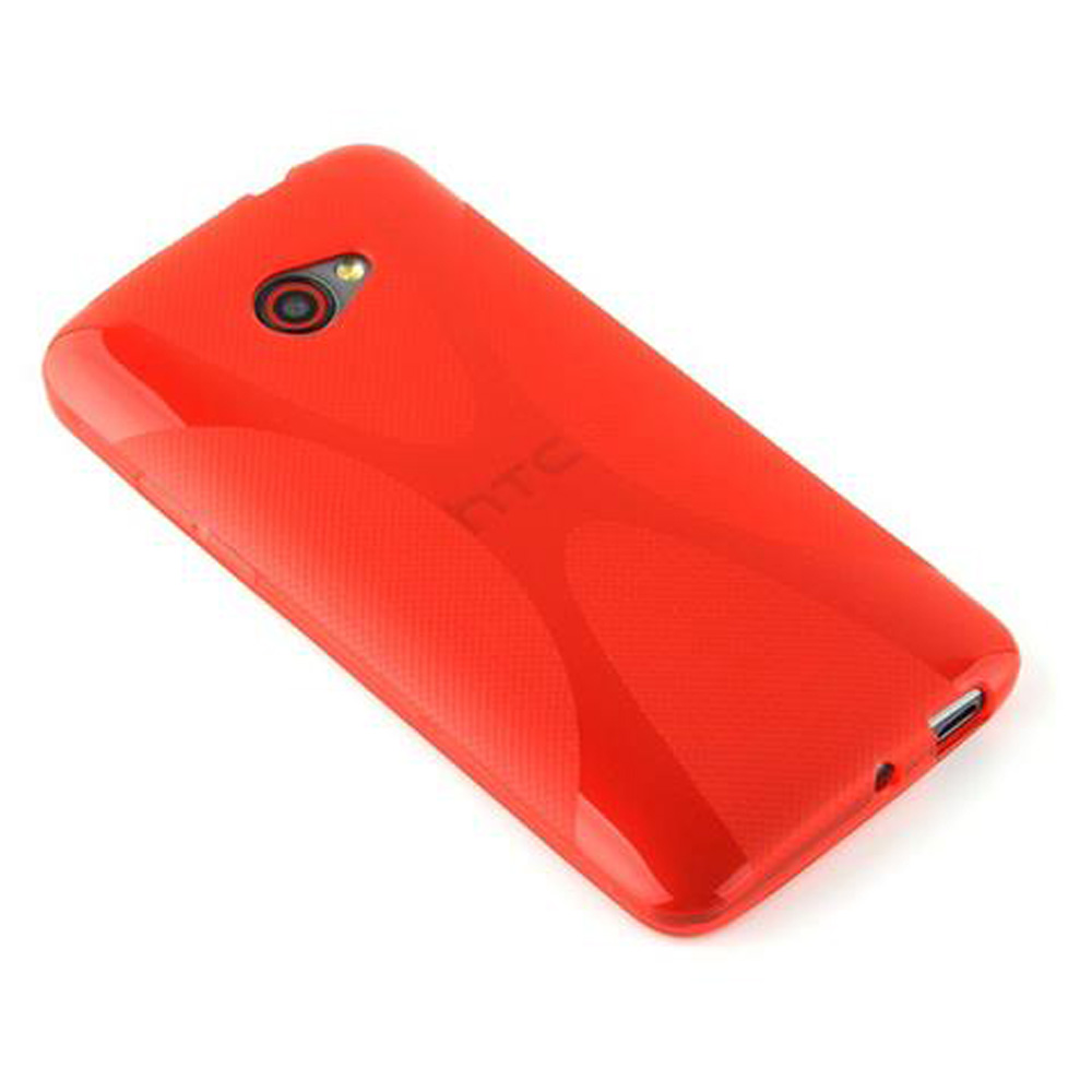 Eine rote Handyhülle mit HTC-Logo, Kameraausschnitt und Ladeanschluss.