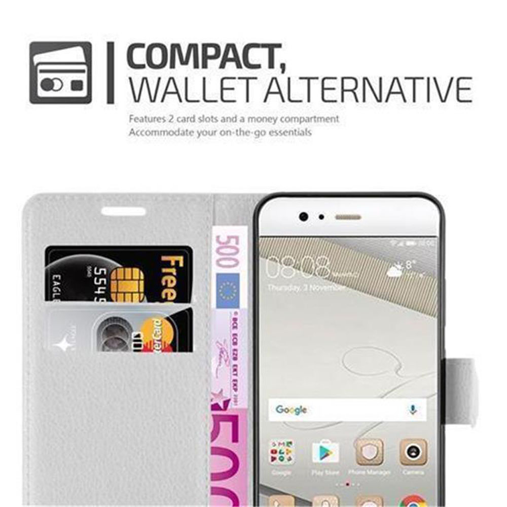 Custodia per telefono bianca, aperta, con carte e denaro, con un telefono all'interno.