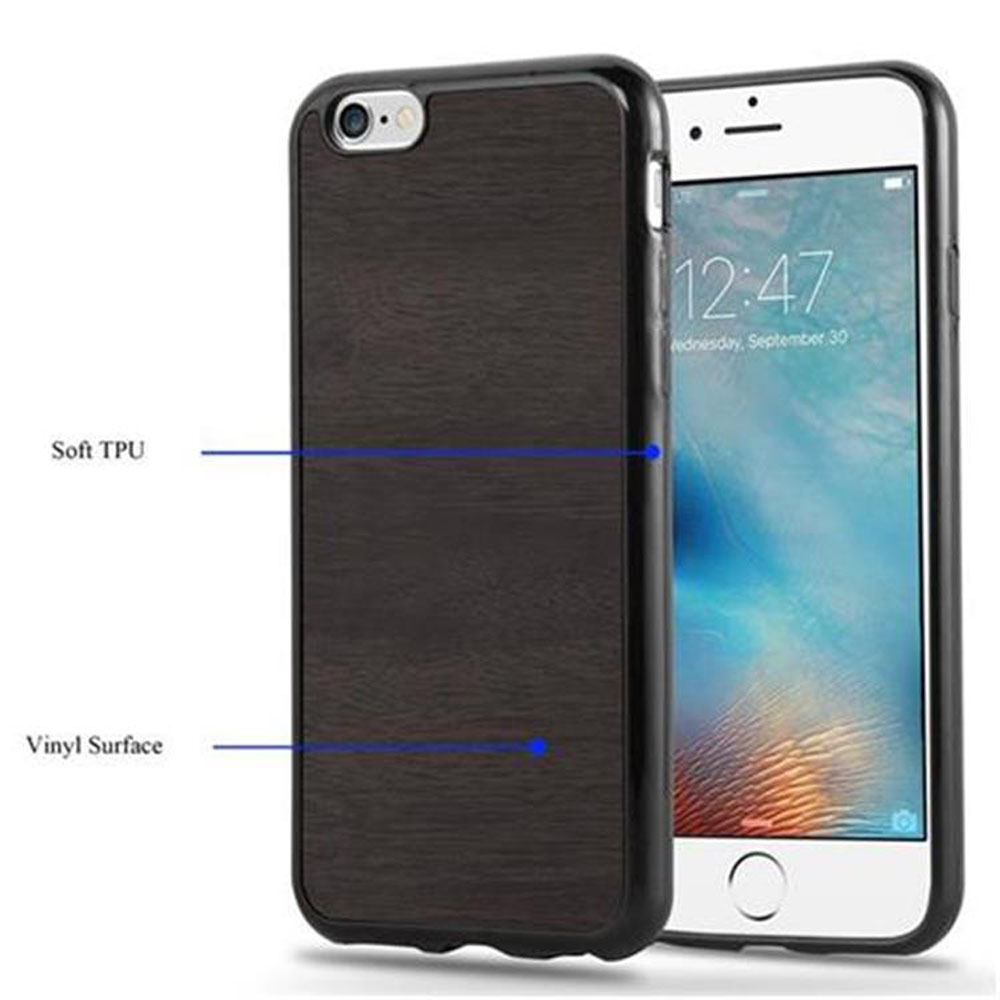 Telefon mit einer Holzstruktur-Hülle neben einem iPhone mit Text.