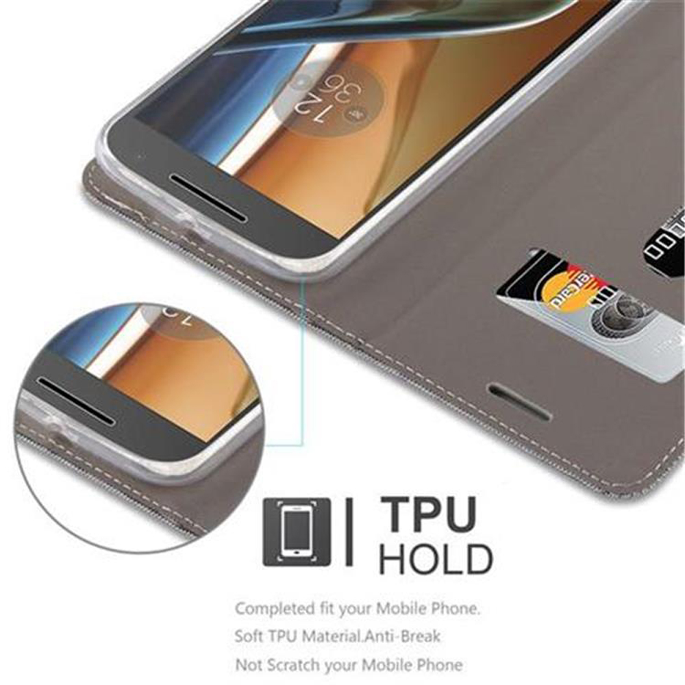 Custodia per telefono grigia con scomparti per carte. Un telefono è nella custodia aperta. Testo: TPU HOLD.