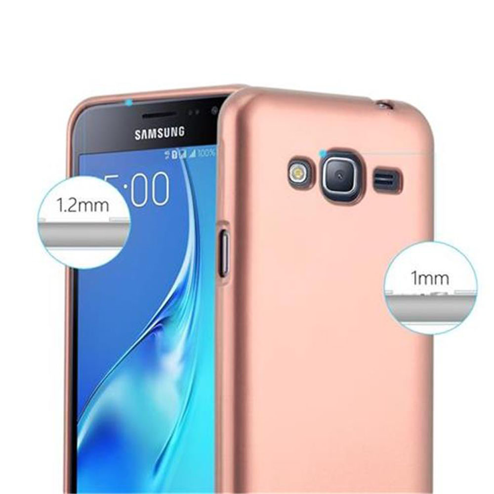 Funda de teléfono oro rosa que muestra la cámara y los botones del teléfono.