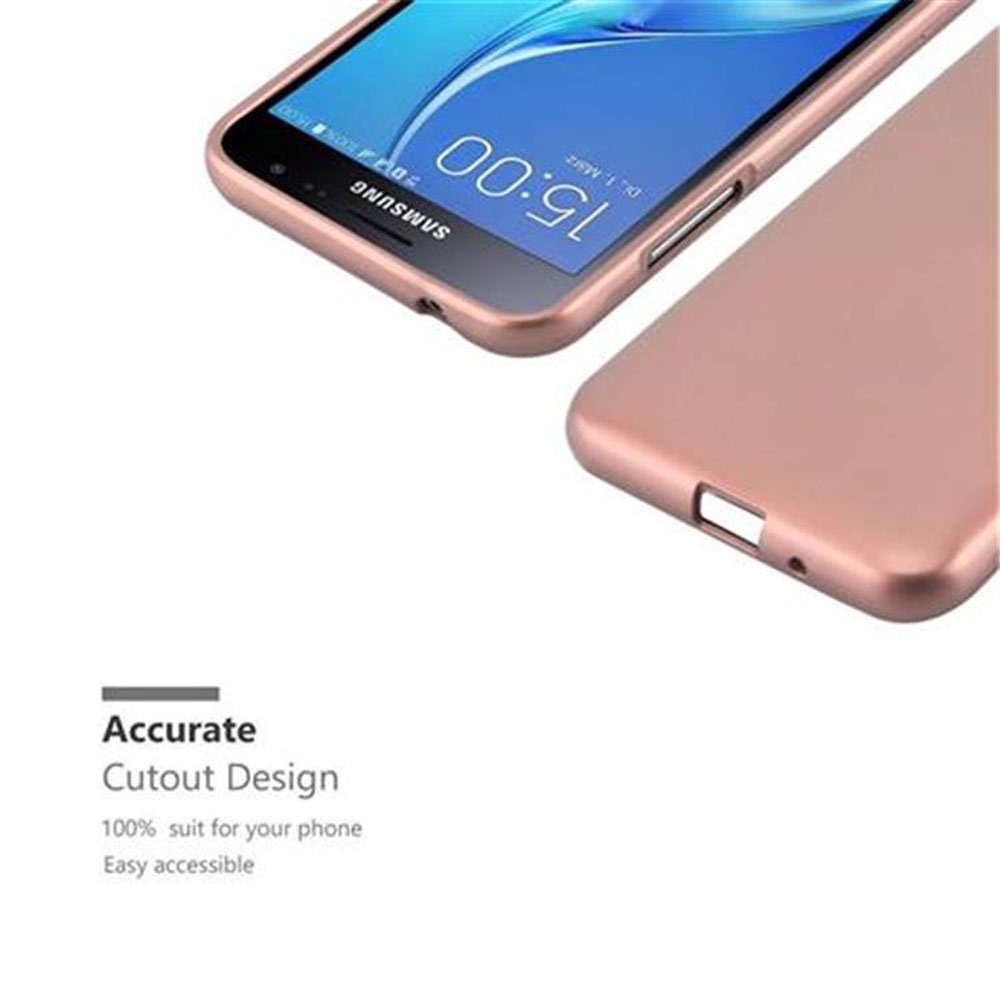 Funda de teléfono oro rosa, parcialmente abierta, mostrando el borde del teléfono.