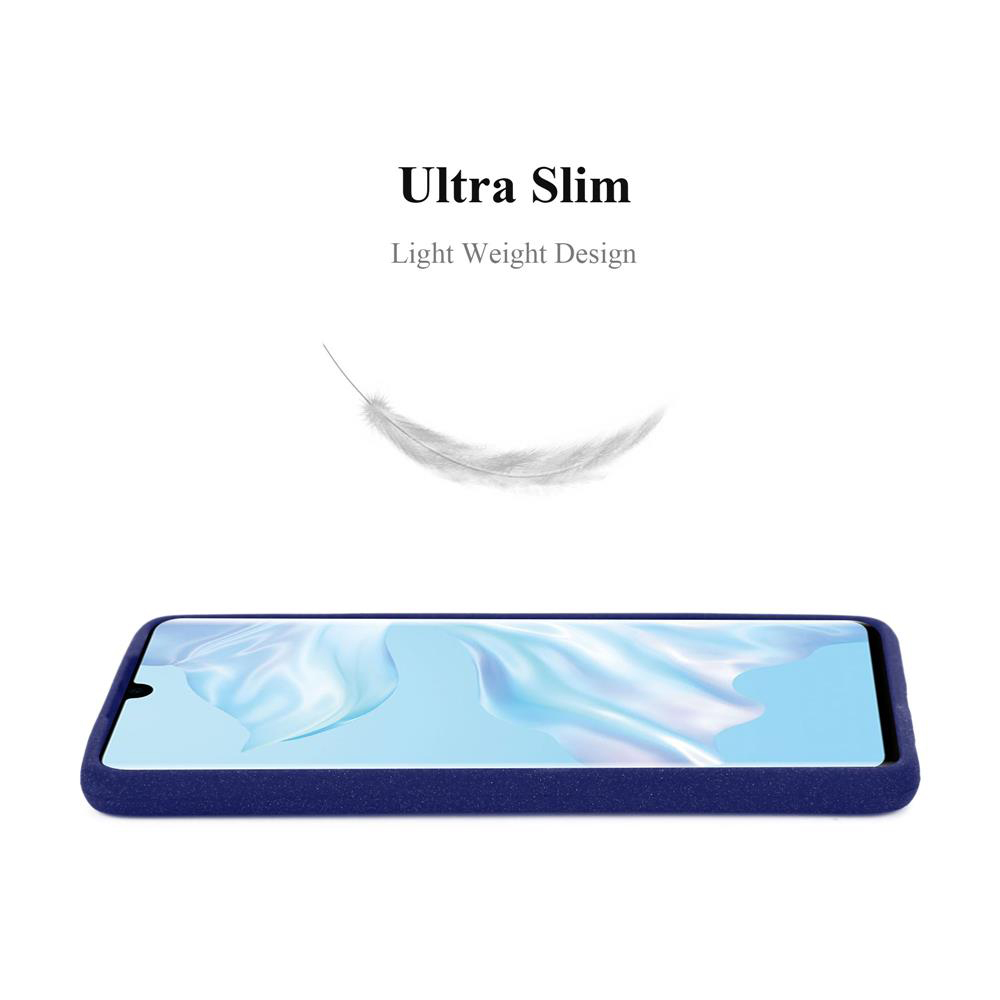 Custodia blu per telefono su bianco. Testo: Ultra Slim, Light Weight Design. Una piuma fluttua sopra.