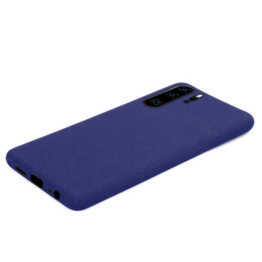 Una custodia blu per telefono. La custodia è posizionata ad angolo, mostrando la parte posteriore e la fotocamera.