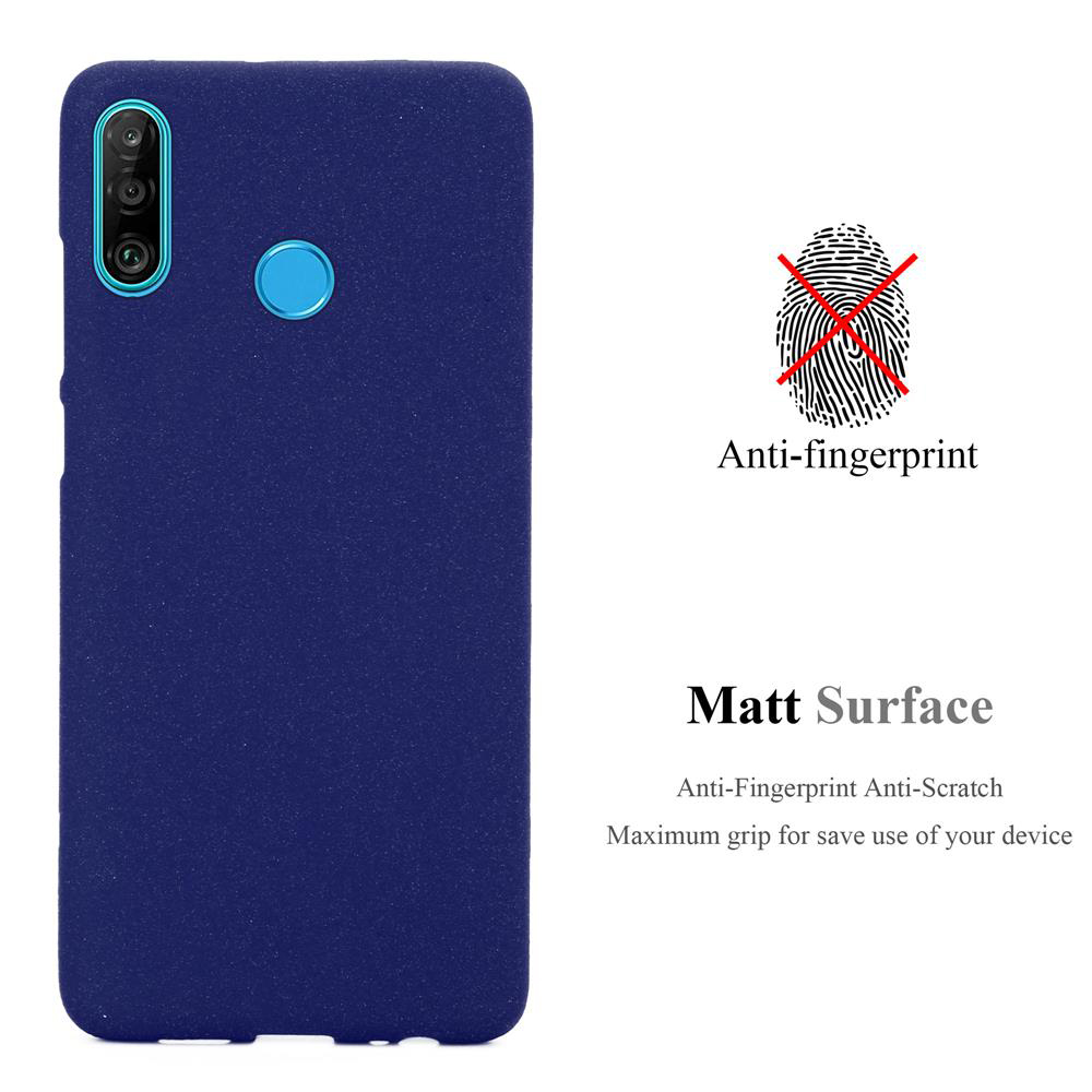 Eine dunkelblaue Handyhülle mit einer blauen Kamera und einem blauen Kreis. Der Hintergrund ist weiß, mit Text.