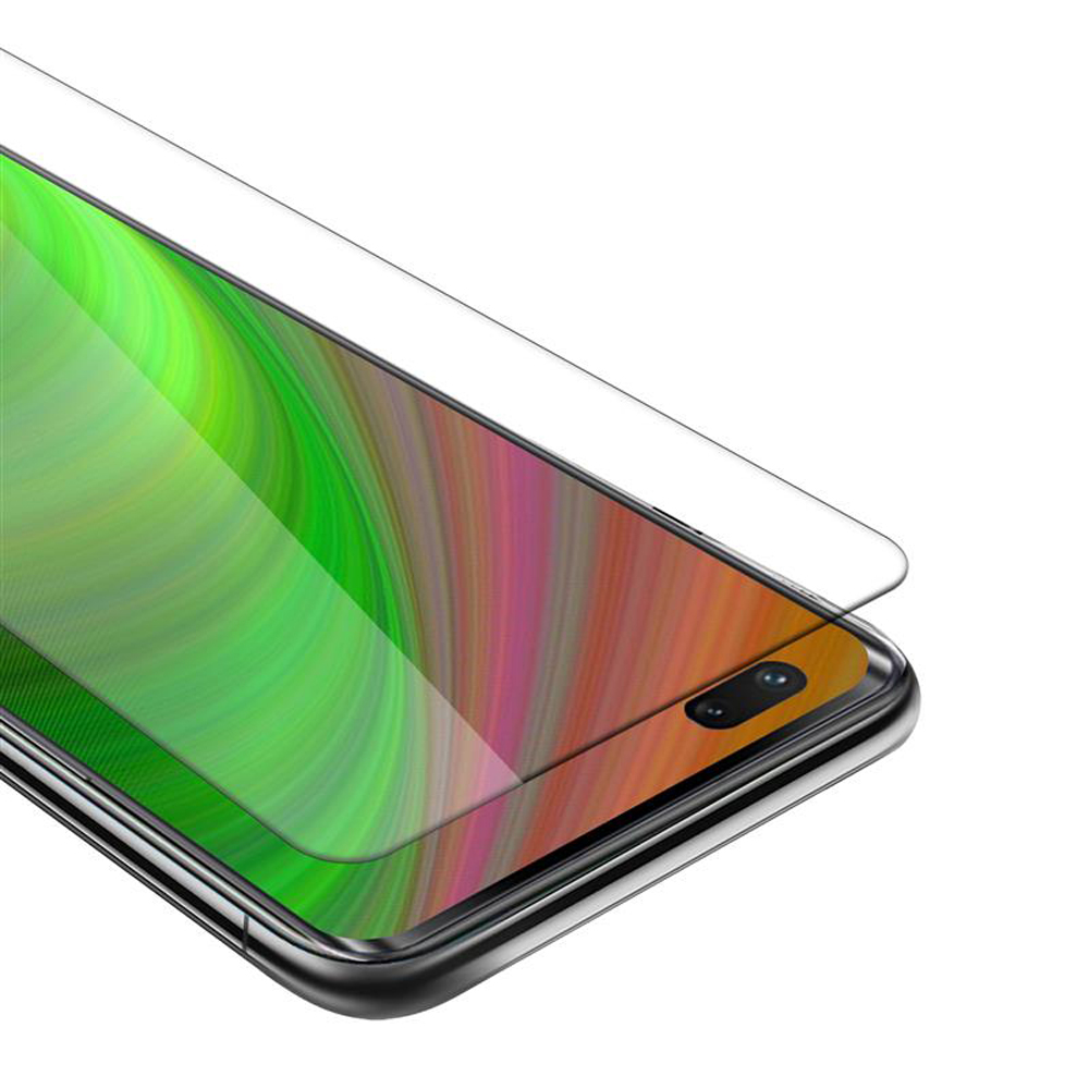 Uno schermo del telefono con protezione applicata, che mostra uno sfondo colorato.