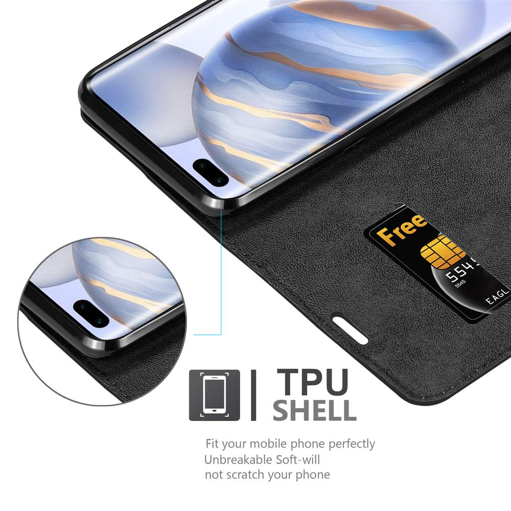 Telefono nero in una custodia nera con slot per schede. Il testo bianco recita: TPU SHELL, si adatta perfettamente.
