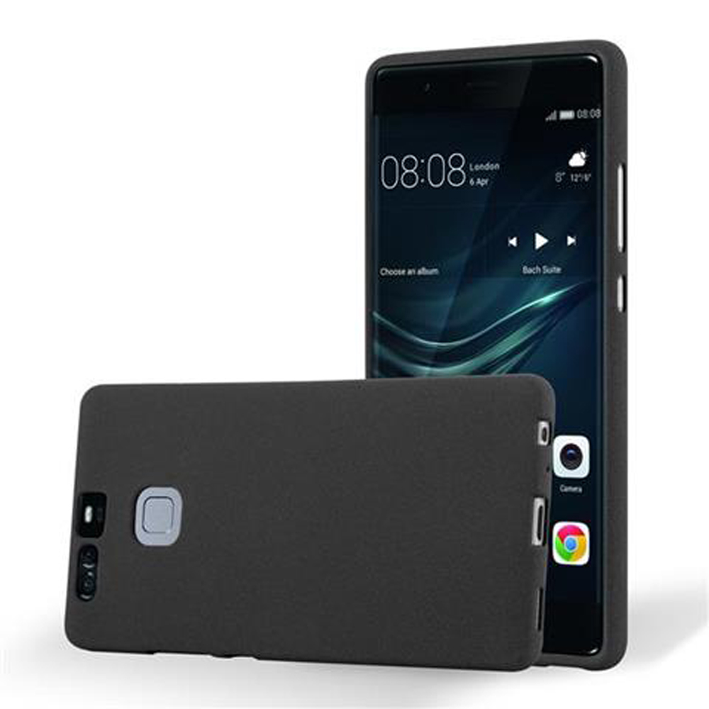 Schwarzes Telefon, schwarze Hülle. Telefon zeigt Zeit und Apps. Graue Hülle liegt unten.