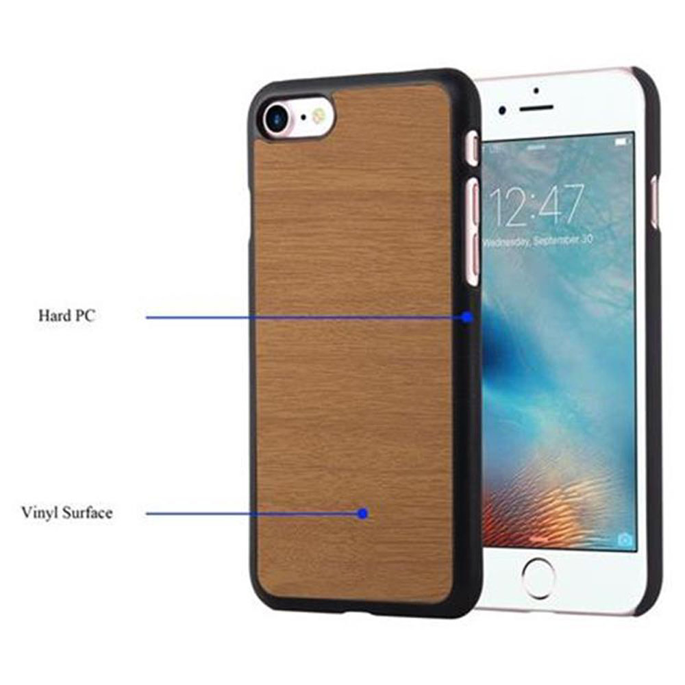 Handyhülle mit Holzmaserung auf einem weißen iPhone. Text zeigt 'Hard PC' und 'Vinyl Surface'.