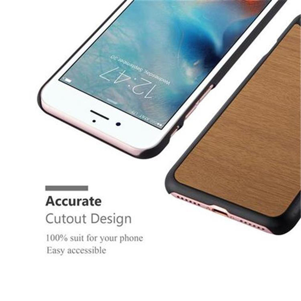 Nahaufnahme eines Telefons mit Holzstruktur-Hülle und Text über das Design.