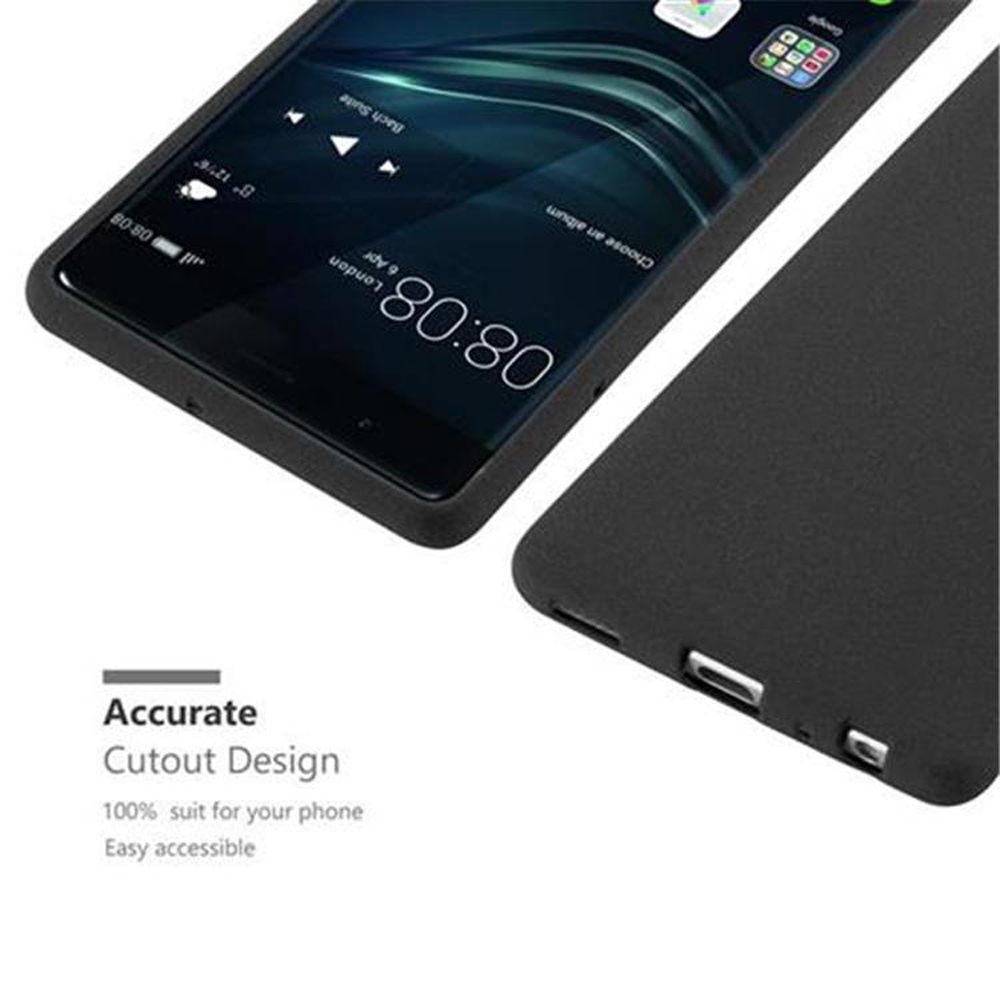 Schwarzes Telefon und schwarze Hülle. Text lautet 'Accurate Cutout Design' und 'Easy accessible'.
