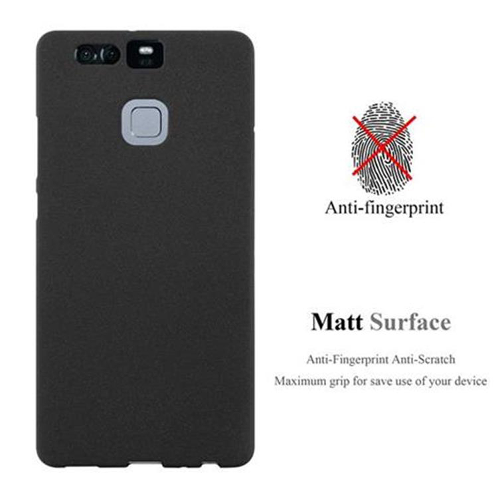 Schwarze Handyhülle mit Handy, und Anti-Fingerabdruck-Symbol.