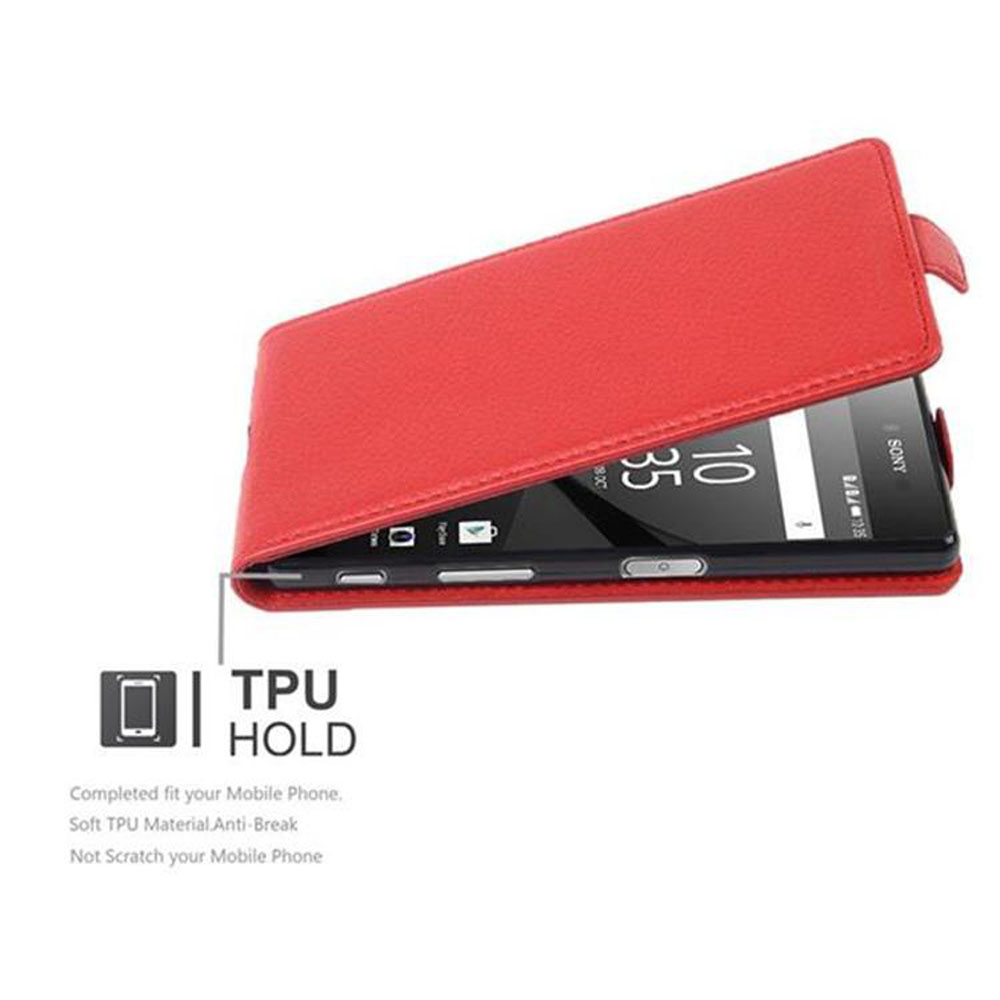 Funda roja de smartphone abierta, con teléfono dentro, mostrando la función de sujeción TPU.