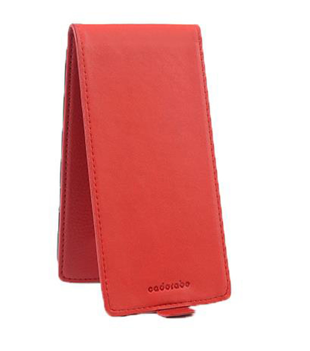 Funda roja para teléfono, cerrada. La funda está hecha de un material similar al cuero y está plegada sobre sí misma.