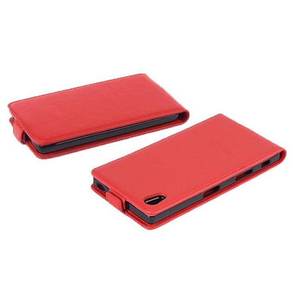 Dos fundas rojas para teléfono, abiertas y cerradas. La funda es de estilo libro, con cierre magnético y color rojo.