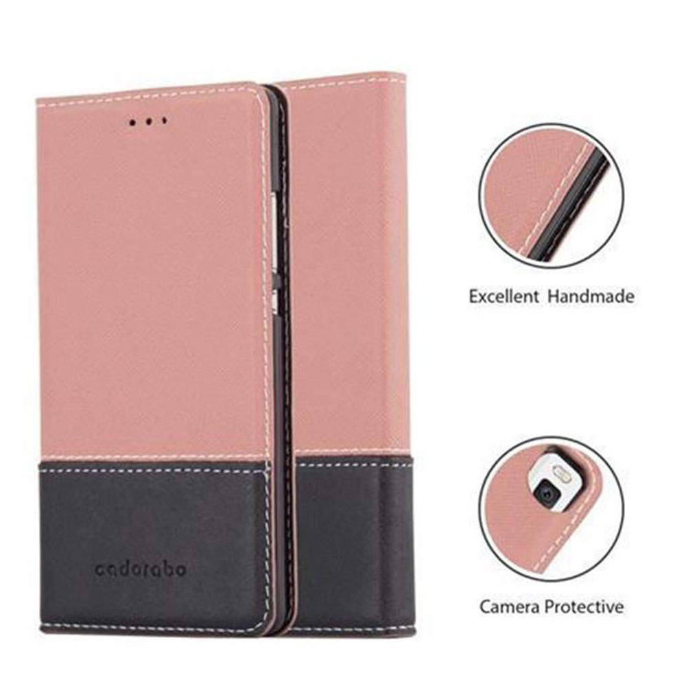Una custodia per telefono rosa e nera, con dettagli di eccellente fatto a mano e protezione della fotocamera.