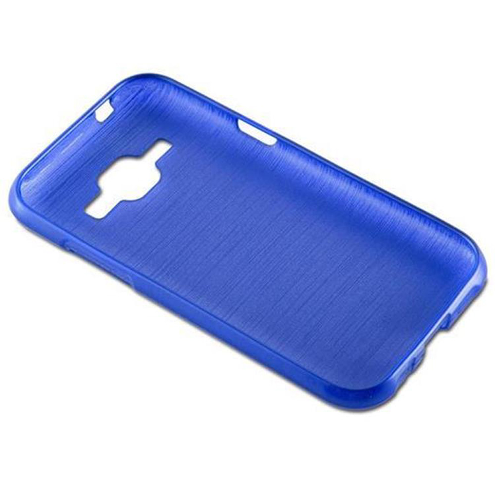 Blaue Handyhülle. Sie ist leer, mit strukturierter Oberfläche. Weißer Hintergrund.