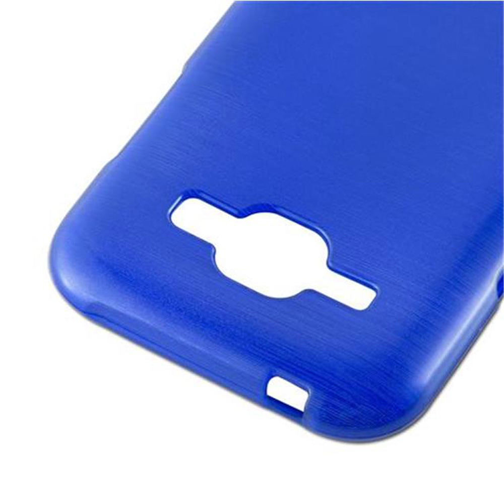 Eine blaue Handyhülle mit Aussparungen für die Kamera und andere Telefonfunktionen.