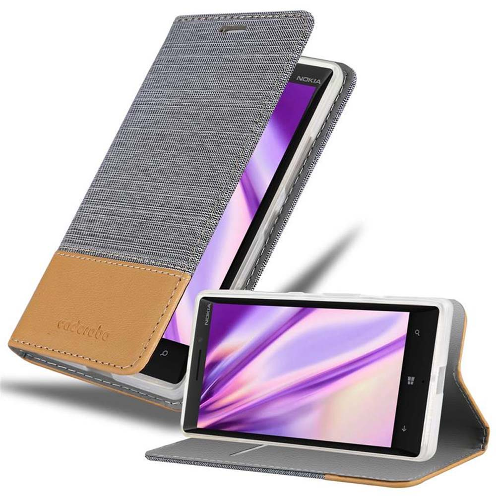 Étui de téléphone ouvert avec tissu gris et cuir marron. Un téléphone est à l'intérieur, et un autre est affiché.