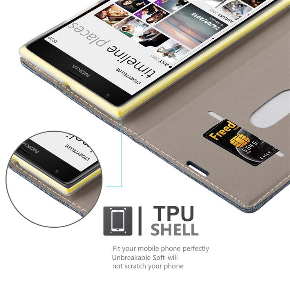 Telefono Nokia in custodia, con carta di credito. Testo: 'Timeline Places'.